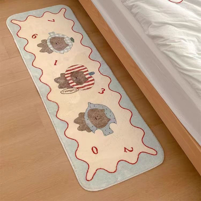 黑皮小猫彷羊绒地毯床边毯卧室客厅家用长条毯ins插画 画地垫FXK