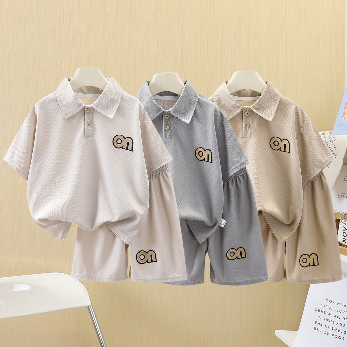 男童短袖套装新款夏季儿童华夫格套休闲宝宝夏款衣服翻领童装