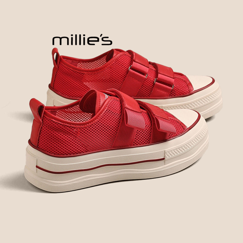 MILLIE'S/妙丽红色网面透气魔术贴厚底板鞋女运动休闲鞋舒适女鞋P