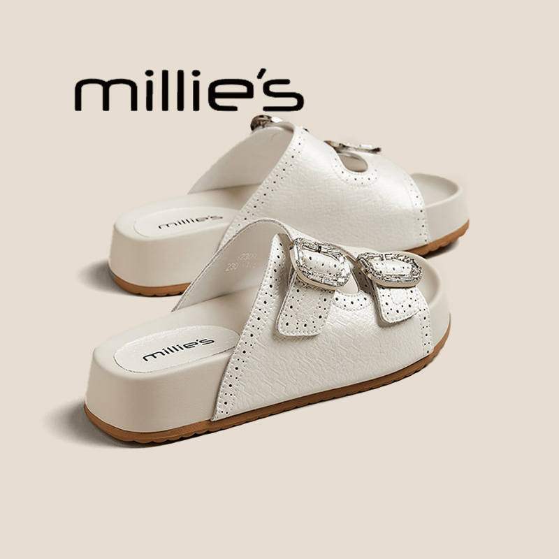 MILLIE'S/妙丽真皮金属水钻拖鞋
