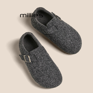 魔术贴一脚蹬毛毛单鞋 女平底灰色毛毛鞋 S妙丽毛绒勃肯鞋 MILLIE