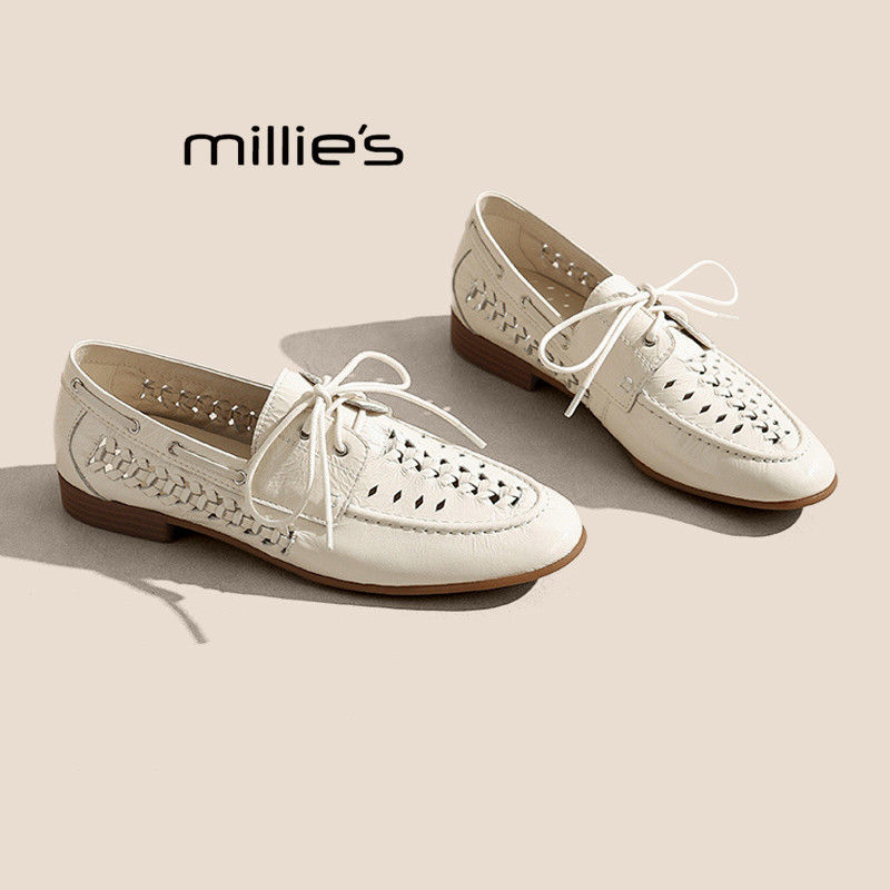 MILLIE'S/妙丽厚底乐福鞋2026春季新款镂空编织一脚蹬气质小单鞋P