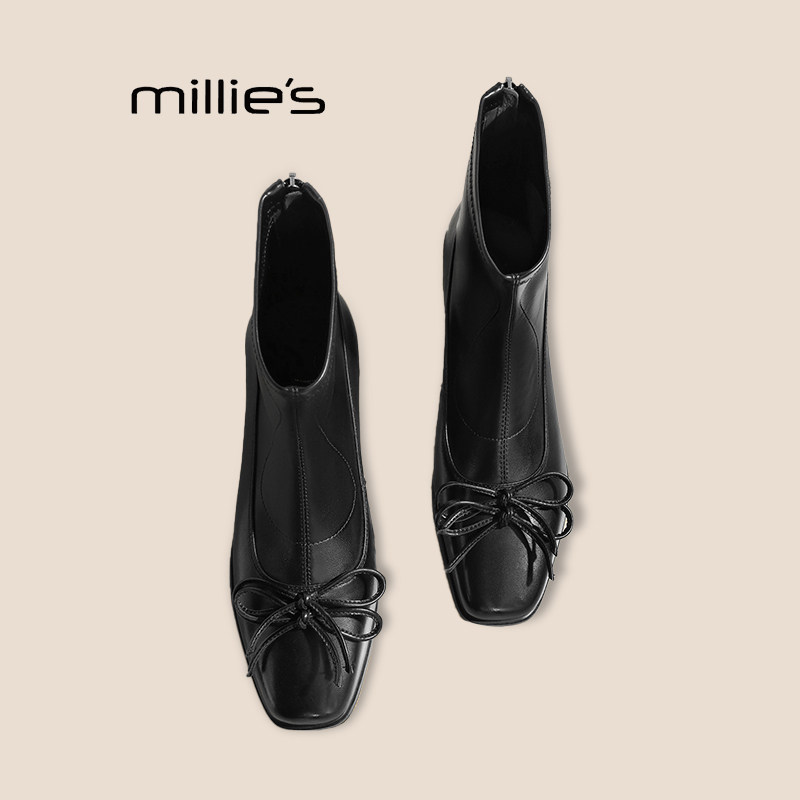 MILLIE'S/妙丽复古蝴蝶结粗跟短靴方头瘦瘦靴黑色单靴马丁靴踝靴