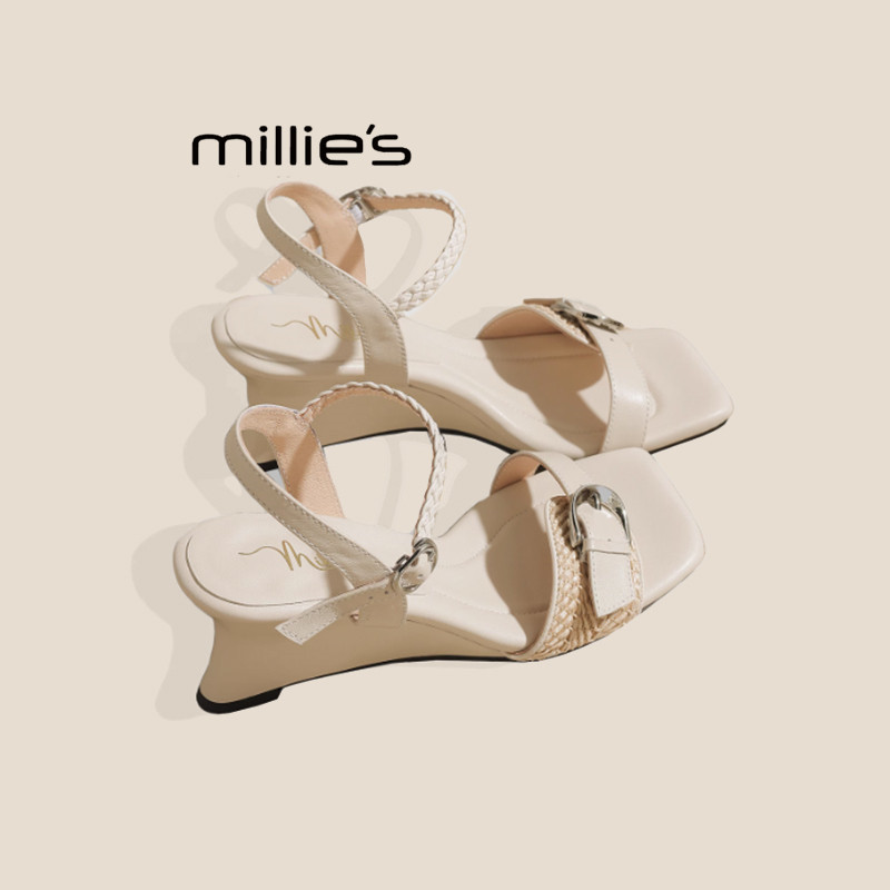 MILLIE'S/妙丽真皮方头凉拖鞋女