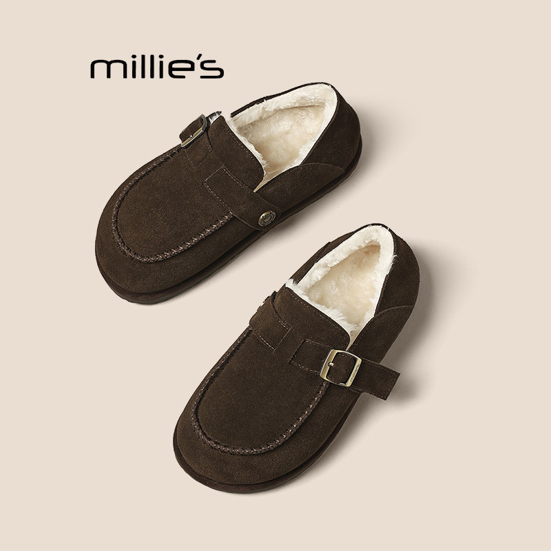 MILLIE'S/妙丽加绒勃肯鞋女冬季一脚蹬豆豆鞋博肯保暖棉鞋毛毛鞋Q,女鞋,棉鞋,淘宝优惠券,粉丝福利购,淘宝优惠卷