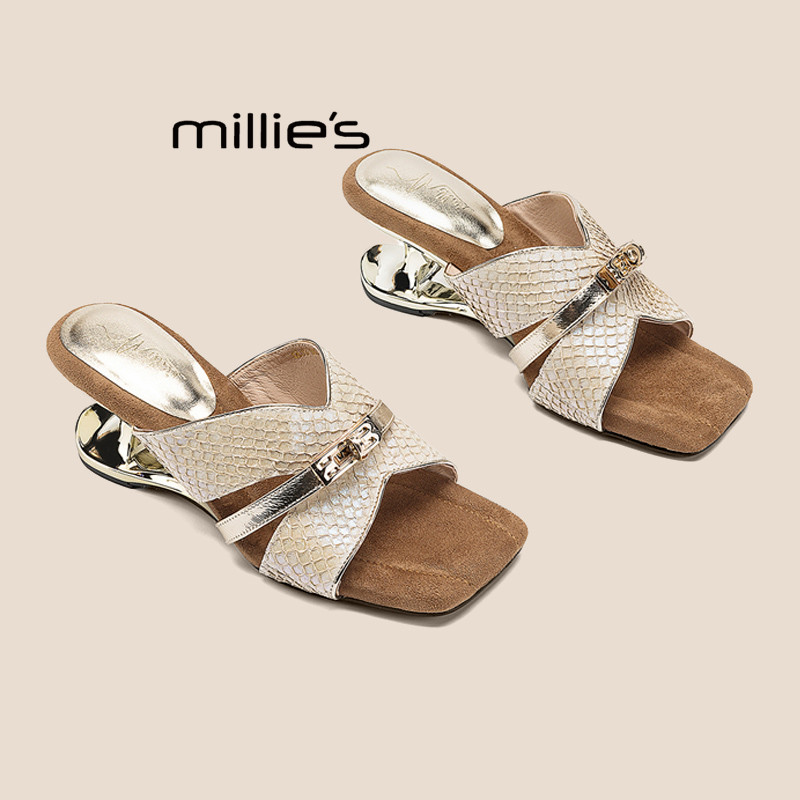 MILLIE'S/妙丽法式复古坡跟一字拖女夏外穿金属扣增高露趾凉拖鞋P