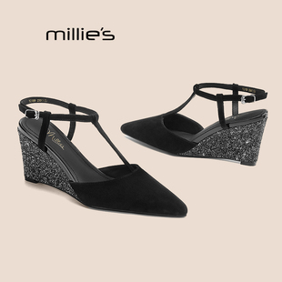 MILLIE'S/妙丽夏新款尖头细跟性感高跟鞋豹纹欧美包头凉鞋单鞋女P