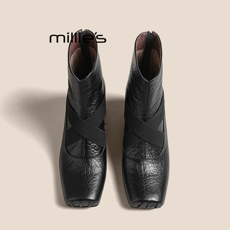 MILLIE'S/妙丽复古增高时装短靴女交叉带拼接瘦瘦靴方头芭蕾靴秋Q,女鞋,马丁靴,淘宝优惠券,粉丝福利购,淘宝优惠卷