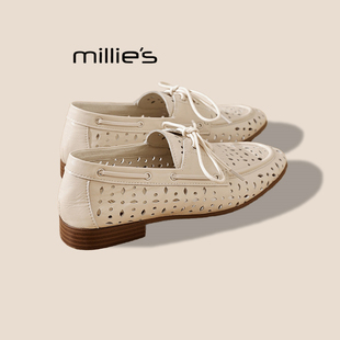 女平底舒适单鞋 MILLIE 英伦风镂空系带真皮乐福鞋 妙丽2026春季