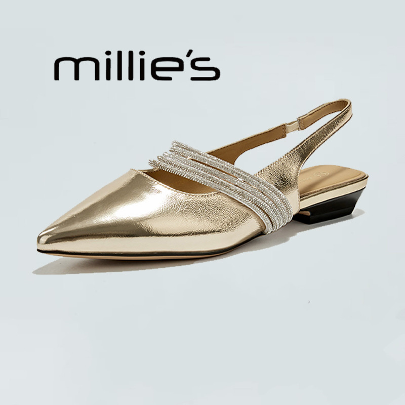 MILLIE'S/妙丽一字带金色真皮气质单鞋夏季新款低跟尖头凉鞋女鞋