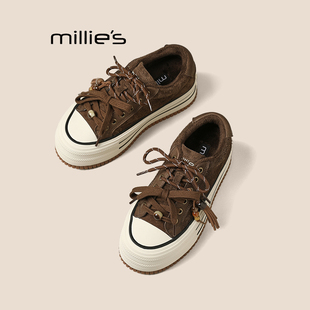 女秋百搭小个子运动鞋 MILLIE 皮厚底休闲板鞋 妙丽磨砂舒适时尚