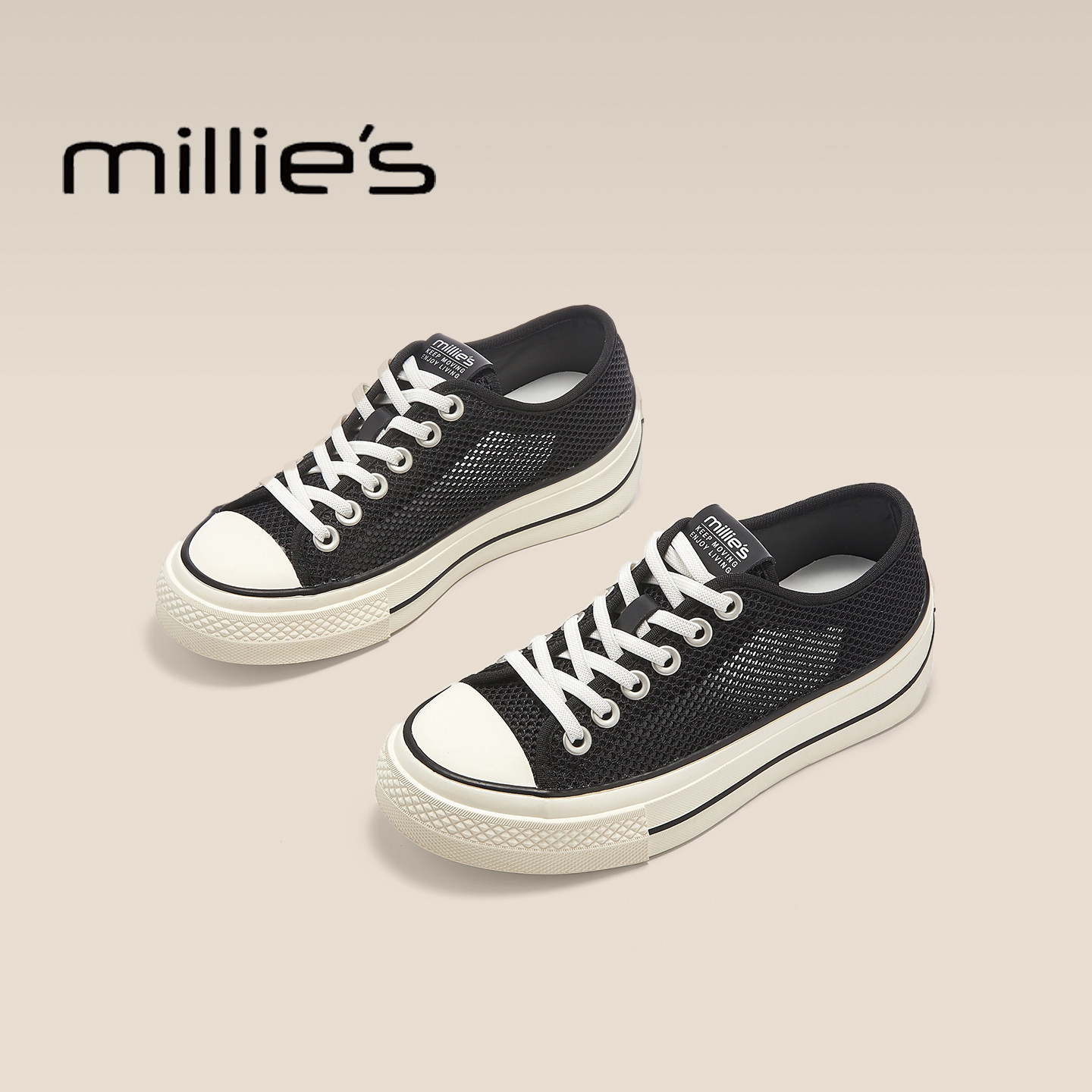 MILLIE'S/妙丽一脚蹬黑色帆布鞋女款2026夏新款镂空拼色厚底板鞋