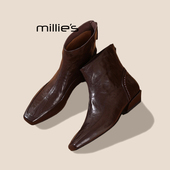 MILLIE 妙丽废土风复古后拉链真皮及裸靴百搭方头低跟短筒靴冬Z