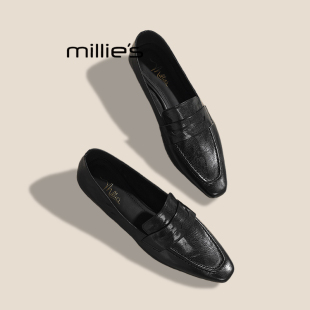 MILLIE'S/妙丽文艺复古方头皮鞋女通勤低跟单鞋一脚蹬粗跟乐福鞋