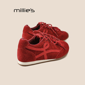 妙丽红色反绒皮老爹鞋 女厚底休闲运动鞋 MILLIE 舒适德训鞋