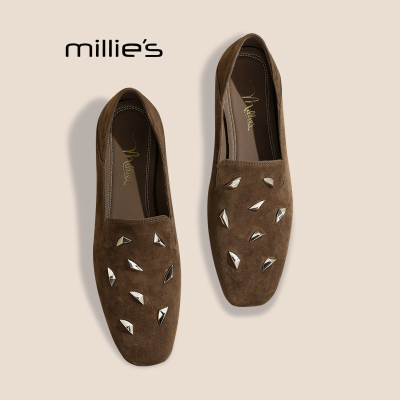 MILLIE'S/妙丽复古铆钉设计时尚单鞋2026年秋季新款低跟小皮鞋