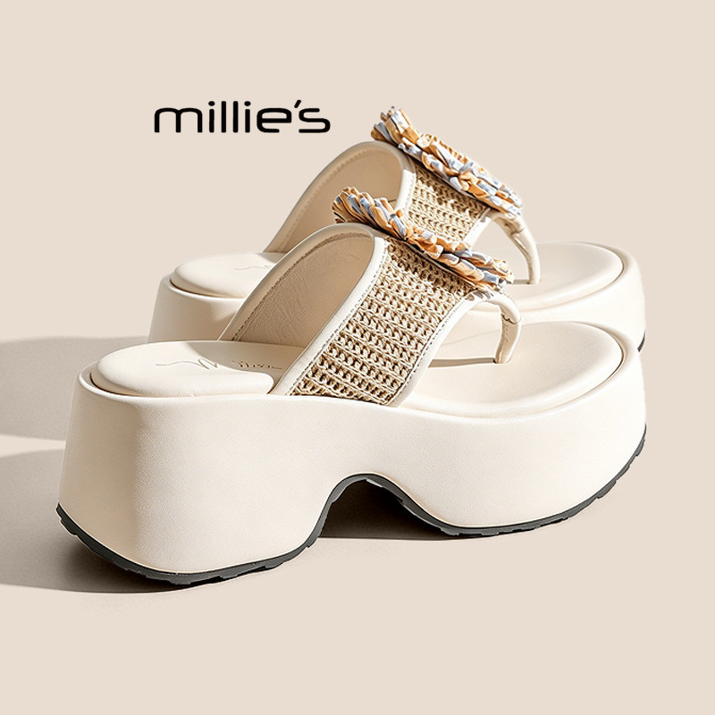 MILLIE'S/妙丽草编坡跟人字拖鞋