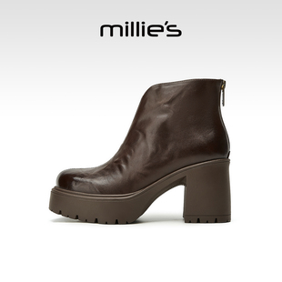 MILLIE'S/妙丽2026新款女鞋厚底粗跟短靴气质配裙子秋冬高跟鞋P