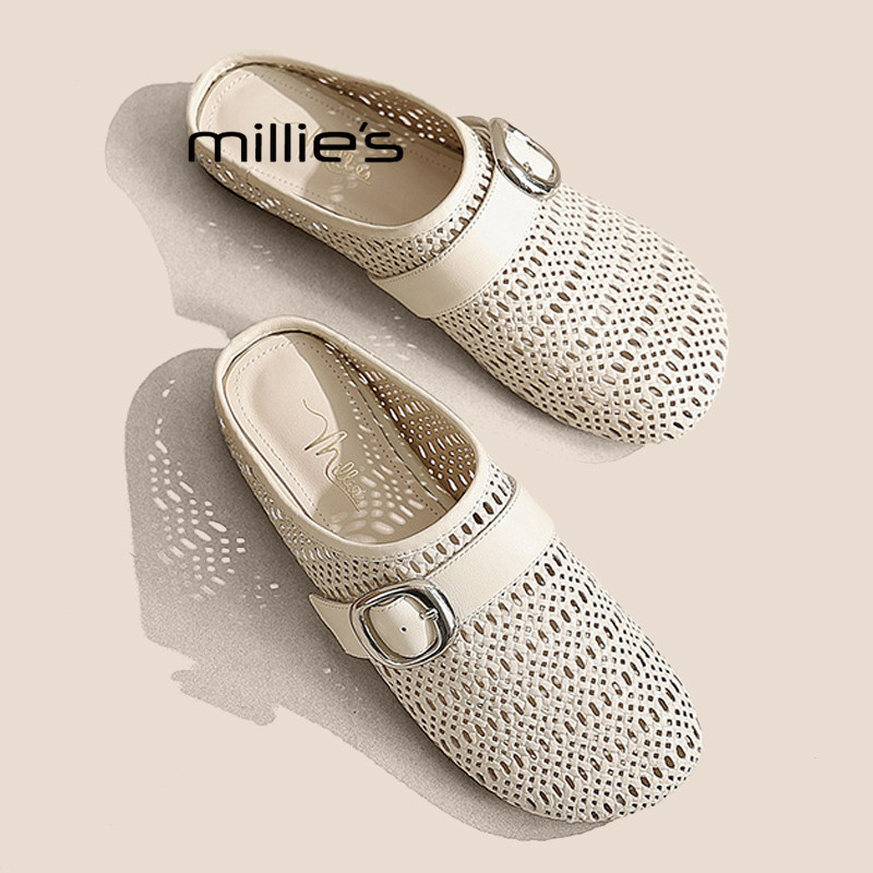 MILLIE'S/妙丽编织厚底勃肯拖鞋女外穿2026夏季镂空平底包头凉拖P