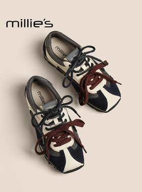 MILLIE'S/妙丽2025秋季新款厚底双鞋带蓝色德训鞋女韩版休闲板鞋