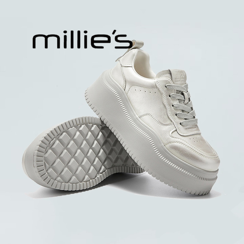 MILLIE'S/妙丽真皮厚底板鞋女2025春季新款百搭小白鞋复古休闲鞋,女鞋,健步鞋,淘宝优惠券,粉丝福利购,淘宝优惠卷
