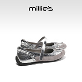 蝴蝶结一字扣带百搭舒适单鞋 MILLIE 女春季 妙丽银色玛丽珍鞋