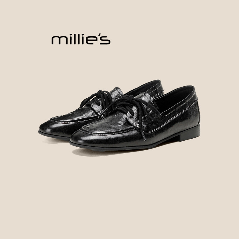 MILLIE'S/妙丽一脚蹬乐福鞋2025新款复古羊皮尖头系带平底小皮鞋,女鞋,乐福鞋（豆豆鞋）,淘宝优惠券,粉丝福利购,淘宝优惠卷