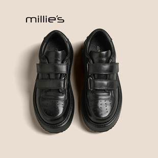 MILLIE'S/妙丽魔术贴厚底小白鞋女款2026新款秋季真皮马皮休闲鞋P