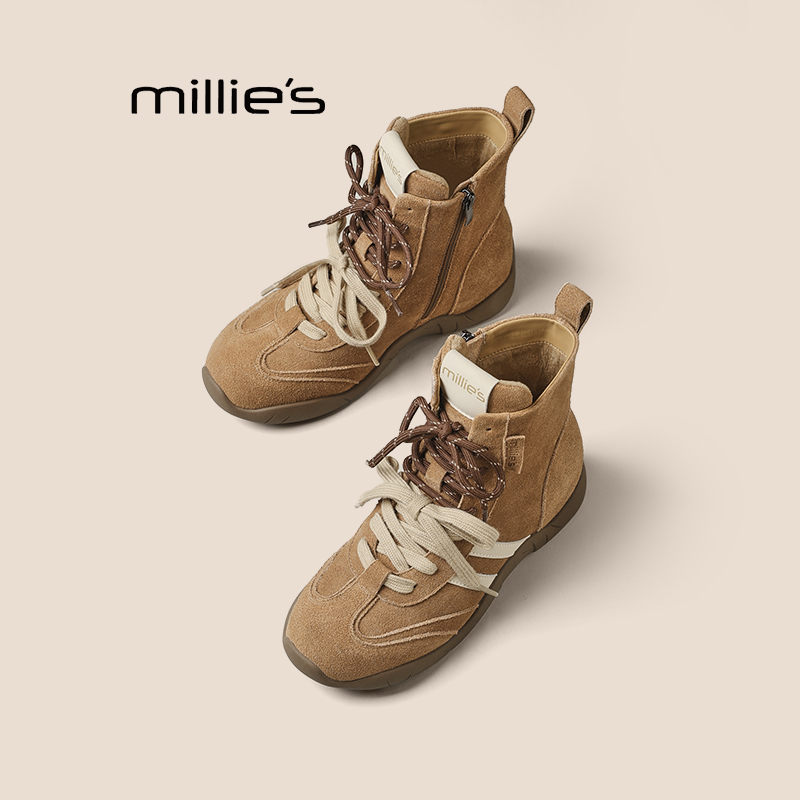 妙丽真皮高帮休闲女靴巨好看