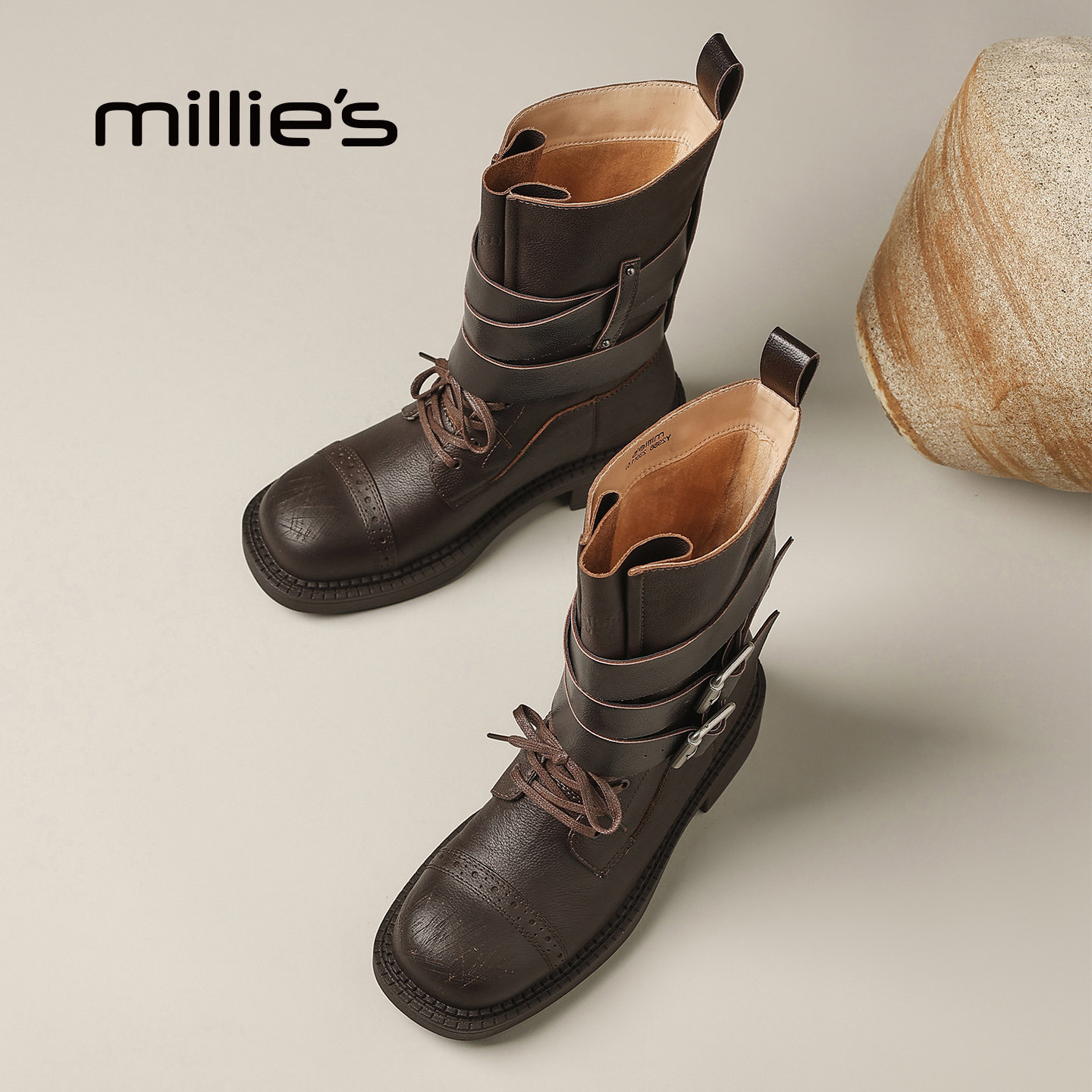 MILLIE'S/妙丽2026新款秋冬复古做旧机车靴百搭休闲中筒马丁靴女P