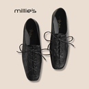 新款 系带方头单鞋 女法式 MILLIE 休闲鞋 妙丽秋季 复古真皮平底鞋