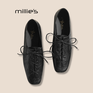 新款 系带方头单鞋 女法式 MILLIE 休闲鞋 妙丽秋季 复古真皮平底鞋
