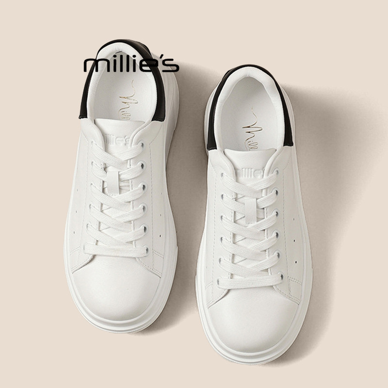 MILLIE'S/妙丽真皮厚底板鞋女2026春季款百搭增高软底舒适运动鞋,女鞋,休闲板鞋,淘宝优惠券,粉丝福利购,淘宝优惠卷