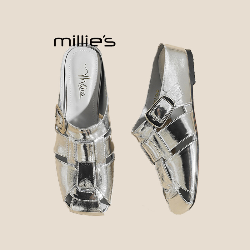 MILLIE'S/妙丽编织镂空包头半拖鞋女外穿2026夏款百搭勃肯凉拖P