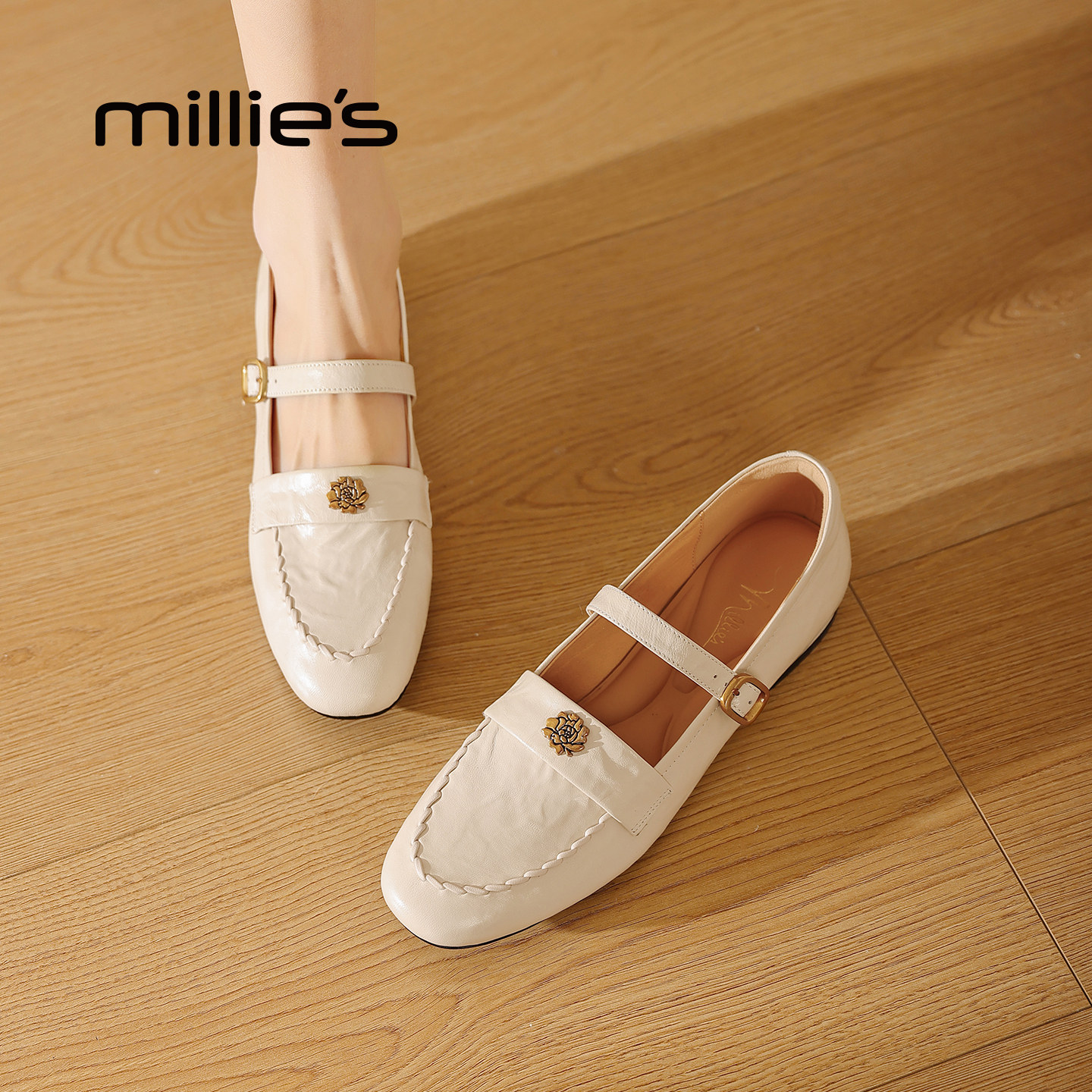 MILLIE'S/妙丽山茶花玛丽珍鞋女真皮一字扣中跟米白色轻熟风单鞋Z,女鞋,玛丽珍鞋,淘宝优惠券,粉丝福利购,淘宝优惠卷