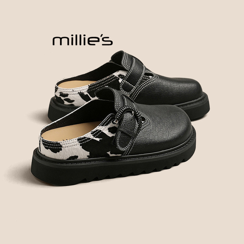 MILLIE'S/妙丽真皮厚底包头拖鞋奶牛纹勃肯鞋外穿增高懒人半拖鞋P
