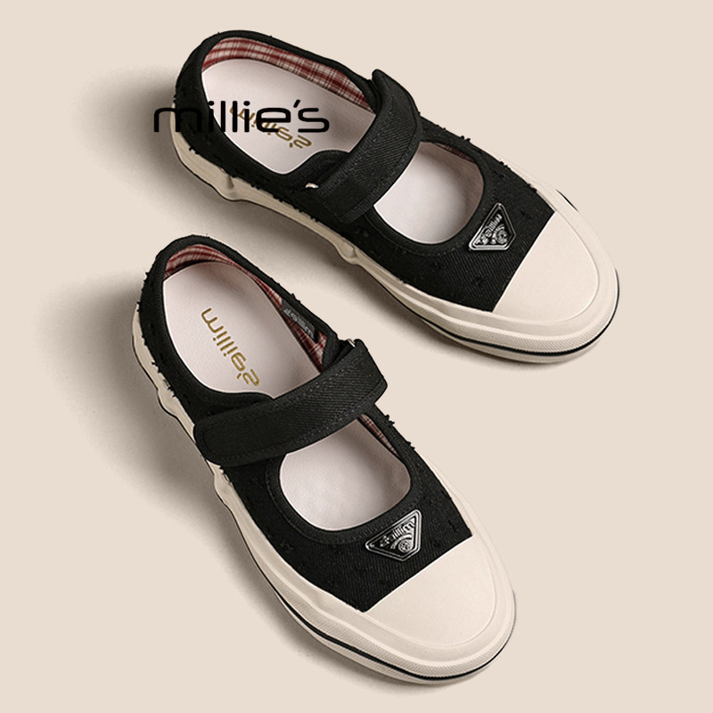 MILLIE'S/妙丽帆布鞋女2026夏季魔术贴松糕厚底透气薄款百搭板鞋P