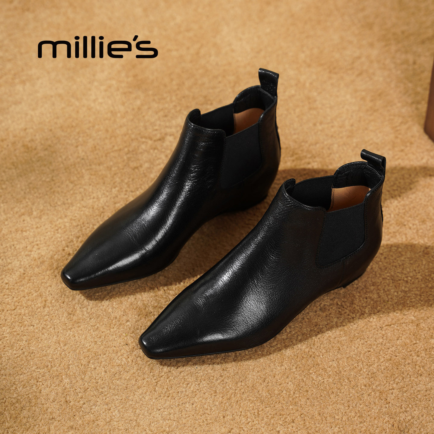 MILLIE'S/妙丽短靴女秋季细跟高跟鞋真皮软皮法式及踝靴超软羊皮P