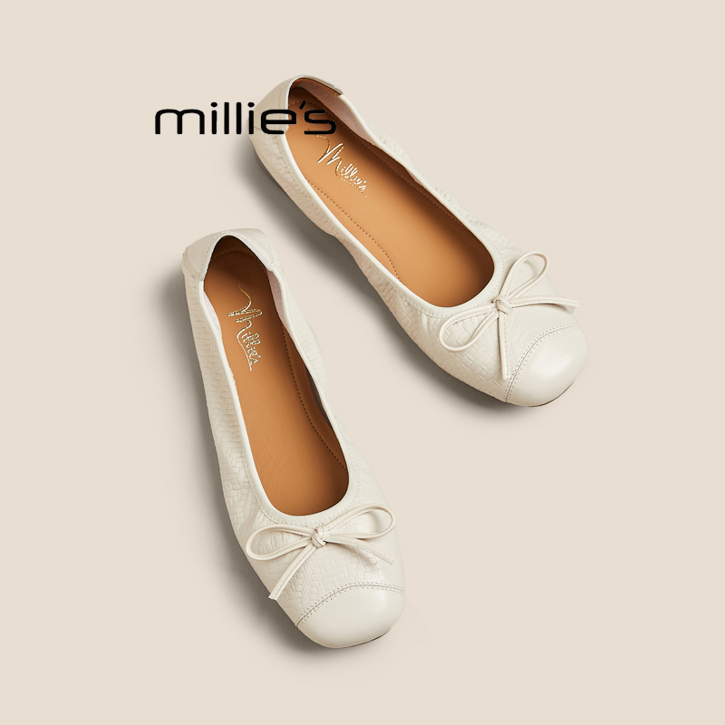 MILLIE'S/妙丽复古芭蕾平底蛋卷鞋新款羊皮鞋子女软底软面女鞋夏