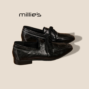 黑色平底单鞋 MILLIE 女一脚蹬乐福鞋 妙丽复古系带低跟小皮鞋