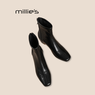 MILLIE'S/妙丽真皮方头粗跟女短靴2026新款秋冬加绒高跟鞋时装靴Q