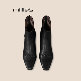 MILLIE'S/妙丽小方头马丁靴女洋气韩版软皮黑色低跟小短靴女靴Z