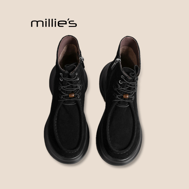 MILLIE'S/妙丽高跟坡跟厚底短靴女英伦风松糕底马丁靴加绒及踝靴P