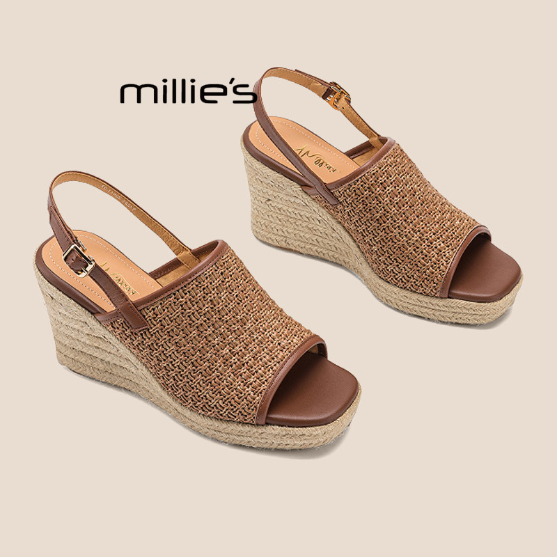 MILLIE'S/妙丽女鞋2026夏季新款复古皮带扣亚麻编织镂空坡跟凉鞋P