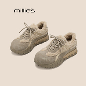 妙丽2026年秋季 复古厚底加绒毛毛鞋 MILLIE 卡其色英伦风德训鞋