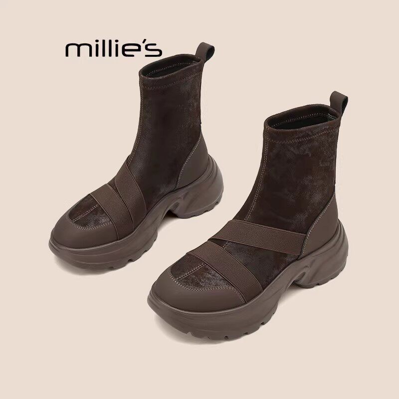 MILLIE'S/妙丽春季新款马丁靴女英伦风短靴百搭瘦瘦靴高跟裸靴女Z