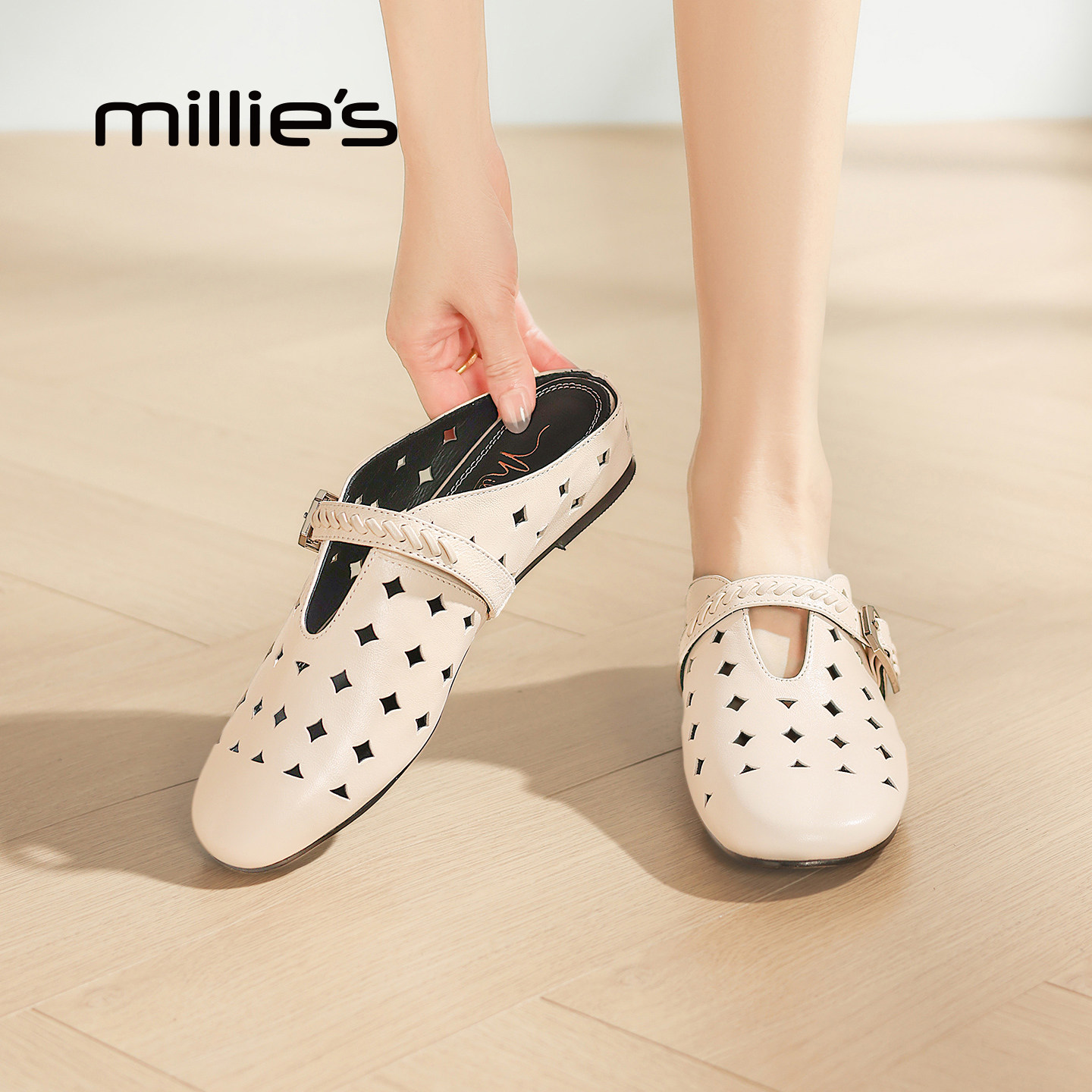 MILLIE'S/妙丽镂空包头半拖鞋女夏季平底一脚蹬懒人鞋内增高凉鞋P