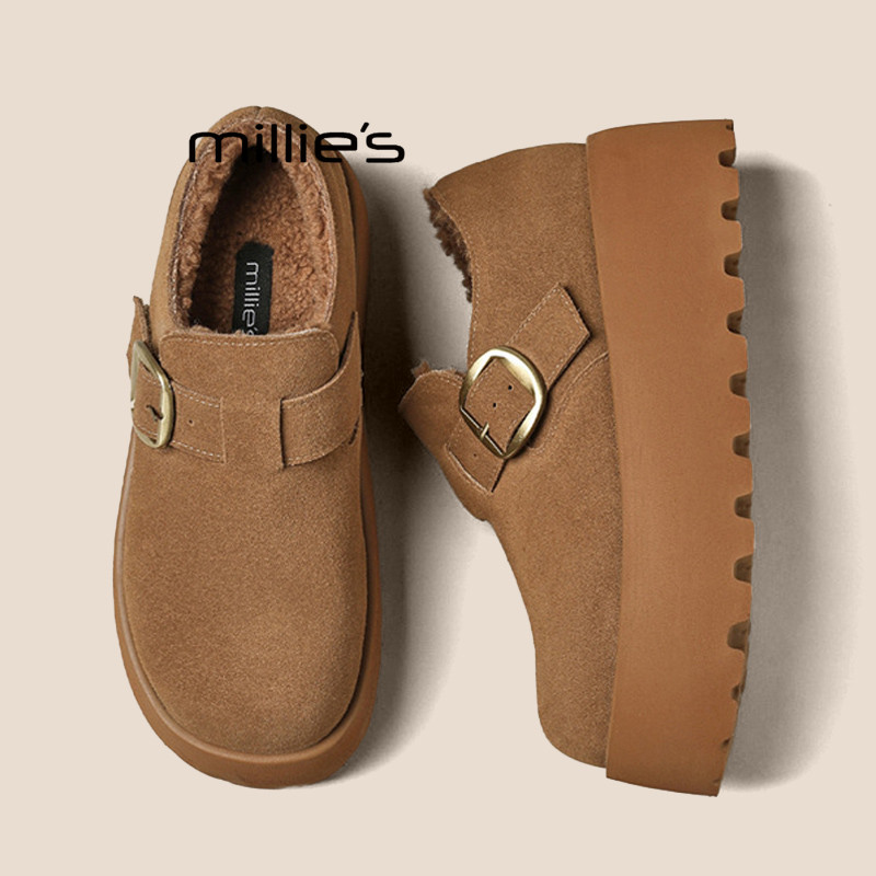 MILLIE'S/妙丽厚底加绒勃肯鞋女冬季新款百搭增高小个子松糕棉鞋Z