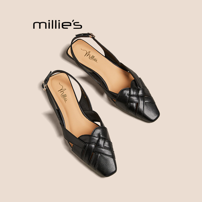 MILLIE'S/妙丽方头凉鞋女春新款粗跟软底不累脚法式绝美浅口单鞋P