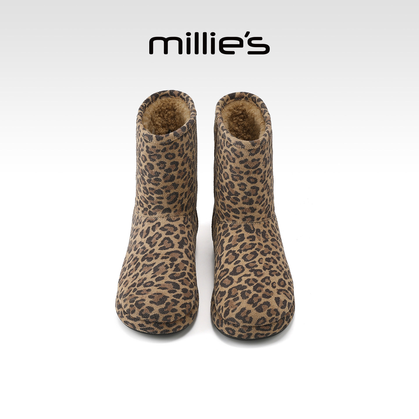 MILLIE'S/妙丽豹纹切尔西短靴女加绒保暖毛绒内里2026冬季棉靴Q